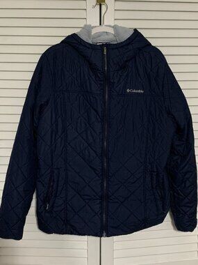 Columbia Quilted Jacket Women's XXL Navy Blue Fleece Lined Hooded Coat